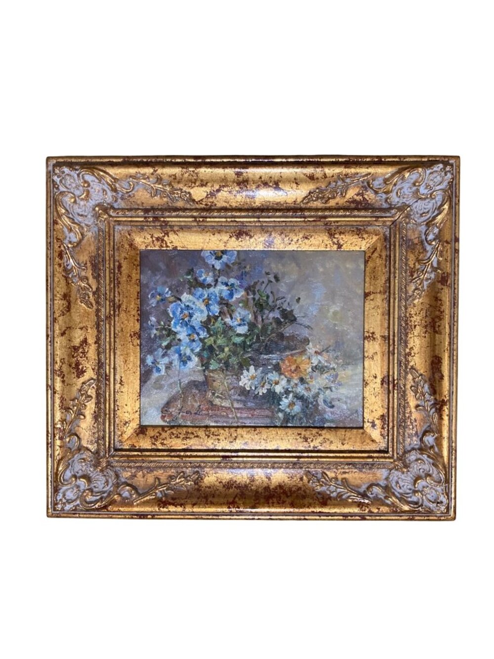 Vintage Floral Still Life Impressionist Oil Painting In Ornate Gold Frame Signed